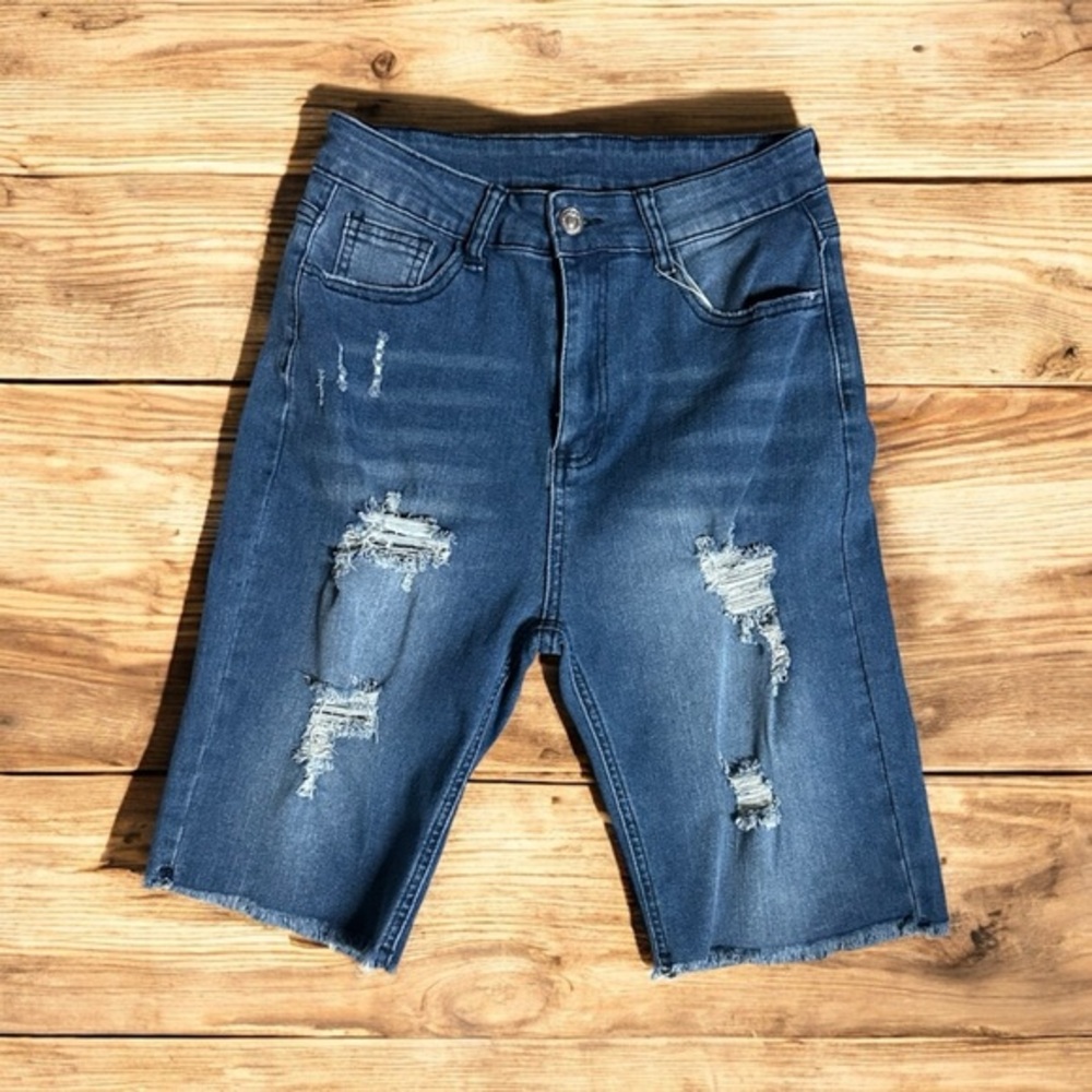 Distressed Blue Jean Shorts with Raw Hem stretchy too